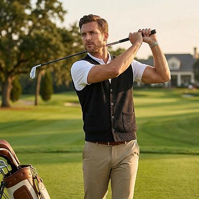 Men's Waffle Knit Sweater Vest - V-Neck Button Down Sleeveless Cardigan Pockets