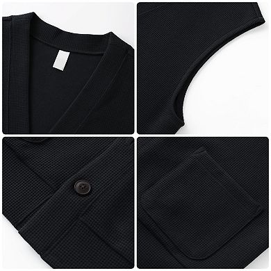 Men's Waffle Knit Sweater Vest - V-Neck Button Down Sleeveless Cardigan Pockets