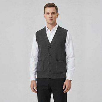 Men's Waffle Knit Sweater Vest - V-Neck Button Down Sleeveless Cardigan Pockets