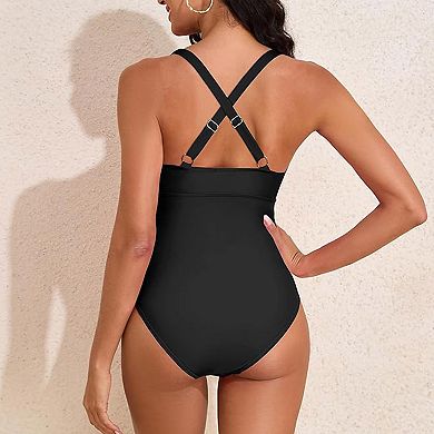 Women's Ribbed One Piece Swimsuit Cutout V Neck High Cut Bathing Suit Adjustable Straps