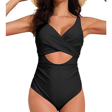 Women's Ribbed One Piece Swimsuit Cutout V Neck High Cut Bathing Suit Adjustable Straps
