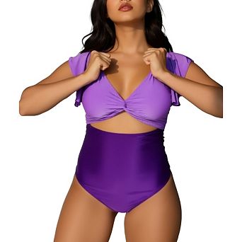 Women's One Piece Swimsuit - Ruffle Sleeve V-Neck, Twist Front & High-Waisted Ruched Bottom