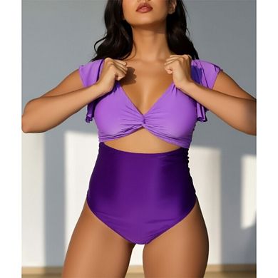 Women's One Piece Swimsuit - Ruffle Sleeve V-Neck, Twist Front & High-Waisted Ruched Bottom