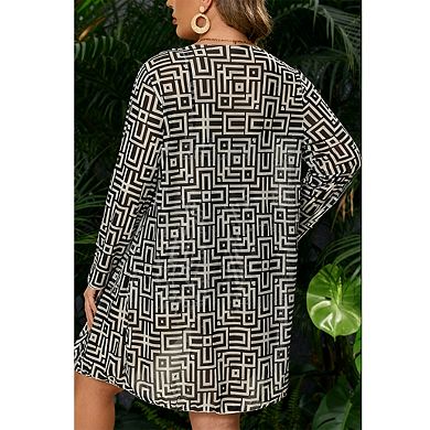 Women's 3-Piece Geometric Print Swim Set - Tie-Front Bikini & Shorts with Long Sleeve