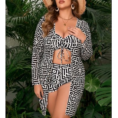 Women's 3-Piece Geometric Print Swim Set - Tie-Front Bikini & Shorts with Long Sleeve