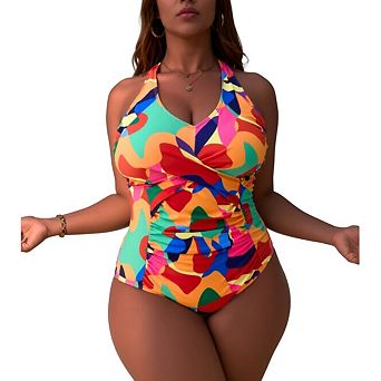 Women's One Piece Swimsuit - Abstract Print Halter V-Neck,Cross Ruched Front & Crisscross Back Ties