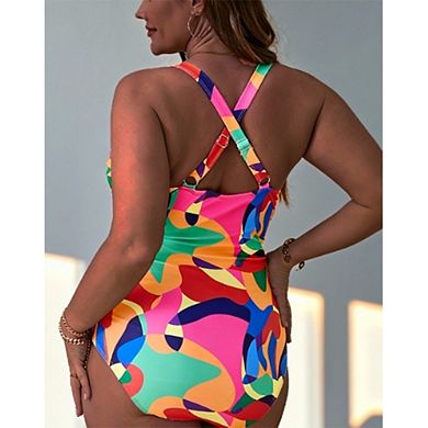 Women's One Piece Swimsuit - Abstract Print Halter V-Neck,Cross Ruched Front & Crisscross Back Ties