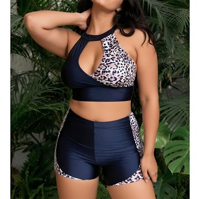 Women's 2-Piece Leopard Print Swim Set - Halter Cutout Crop Top & High-Waisted Shorts