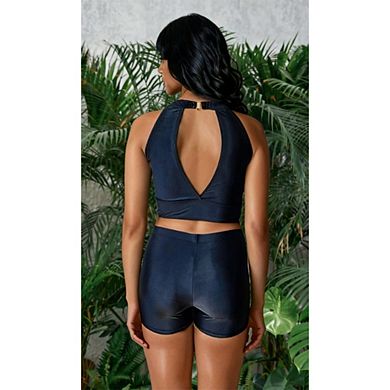 Women's 2-Piece Leopard Print Swim Set - Halter Cutout Crop Top & High-Waisted Shorts