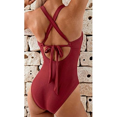Women's Halter One Piece Swimsuit - Cutout Front with U-Shaped Hardware & Crisscross
