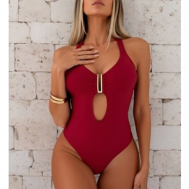 Women's Halter One Piece Swimsuit - Cutout Front with U-Shaped Hardware & Crisscross