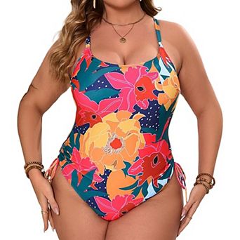Women's One Piece Swimsuit Side Tie Ruched Tummy Control Floral Print Adjustable Strap Bathing Suit