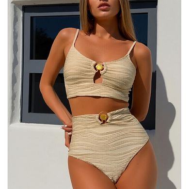 Women's 2-Piece Bikini Set - Textured Wave Fabric, Shell Charm Cutout Top & High-Waisted Bottoms