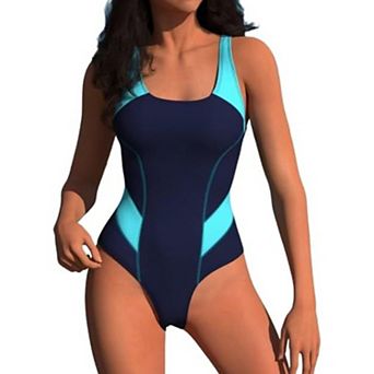 Women's Color Block Athletic One Piece Swimsuit Open Back Tummy Control Bathing Suit