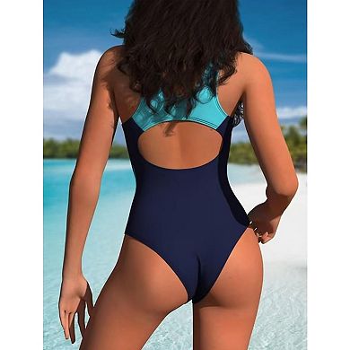 Women's Color Block Athletic One Piece Swimsuit Open Back Tummy Control Bathing Suit