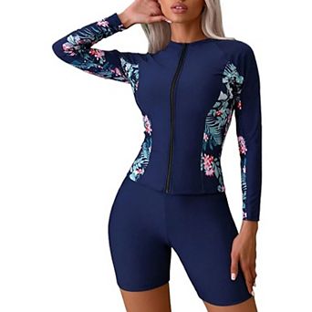 Women's Two Piece Swimsuit Set Long Sleeve Zip Front Top with High Waist Shorts Floral Print