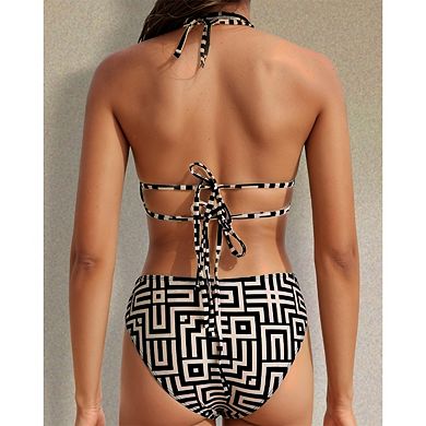 Women's 2-Piece Bikini Set - Geometric Maze Print Halter Top & High-Waisted Bottoms