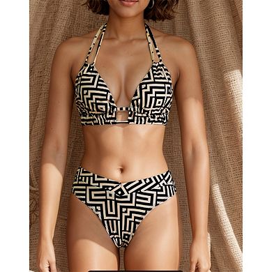 Women's 2-Piece Bikini Set - Geometric Maze Print Halter Top & High-Waisted Bottoms