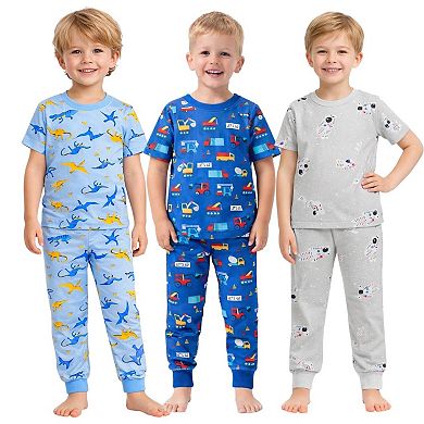 Kids Boys 3-Pack Pajamas Dinosaurs Sharks Astronauts Snug Fit Short Sleeve PJs