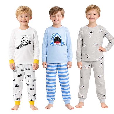 Kids Boys 3-Pack Pajamas Trains Sharks Astronauts Snug Fit Long Sleeve PJs