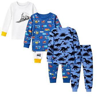 Kids Boys 3-Pack Pajamas Trains Cars Dark Dino Snug Fit Long Sleeve PJs