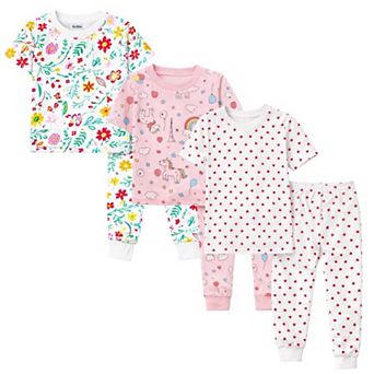 Girls 3-Pack Pajamas Rainbow Flowers Hearts Snug Fit Short Sleeve PJs