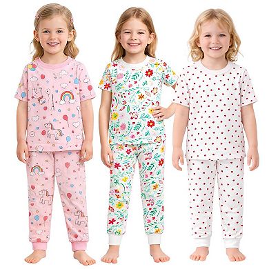 Girls 3-Pack Pajamas Rainbow Flowers Hearts Snug Fit Short Sleeve PJs
