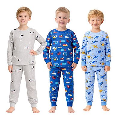 Kids Boys 3-Pack Pajamas Dinosaurs Cars Astronauts Snug Fit Long Sleeve PJs