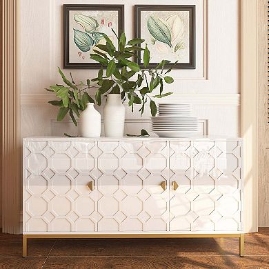 47.75 in. 3-Door Accent Cabinet TV Stand Sideboard with Adjustable Shelves Honeycomb Doors Gold Legs