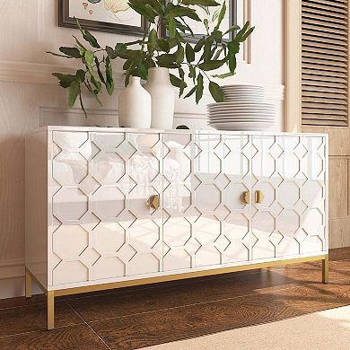 47.75 in. 3-Door Accent Cabinet TV Stand Sideboard with Adjustable Shelves Honeycomb Doors Gold Legs