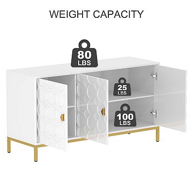 47.75 in. 3-Door Accent Cabinet TV Stand Sideboard with Adjustable Shelves Honeycomb Doors Gold Legs