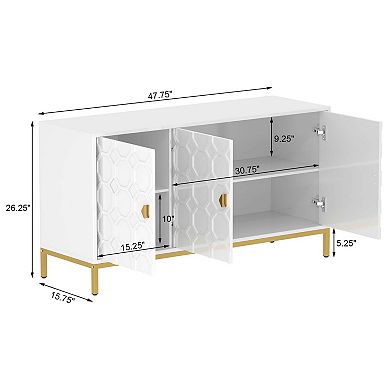 47.75 in. 3-Door Accent Cabinet TV Stand Sideboard with Adjustable Shelves Honeycomb Doors Gold Legs