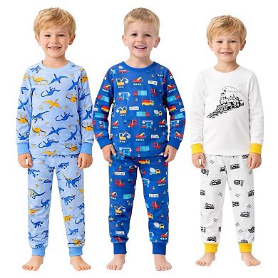 Kids Boys 3-Pack Pajamas Dinosaurs Cars Trains Snug Fit Long Sleeve PJs