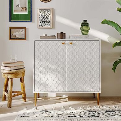 32 in. H 2-Door Accent Storage Cabinet Sideboard, Adjustable Shelf Honeycomb Doors Gold Metal Legs