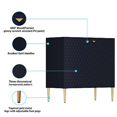 32 in. H 2-Door Accent Storage Cabinet Sideboard, Adjustable Shelf Honeycomb Doors Gold Metal Legs