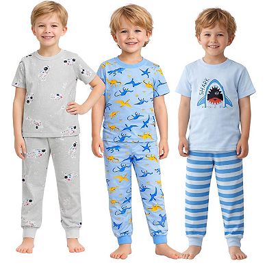 Kids Boys 3-Pack Pajamas Dark Dino Astronauts Trains Snug Fit Long Sleeve PJs