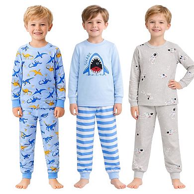 Kids Boys 3-Pack Pajamas Dinosaurs Sharks Astronauts Snug Fit Long Sleeve PJs