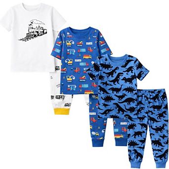 Kids Boys 3-Pack Pajamas Trains Cars Dark Dino Snug Fit Short Sleeve PJs