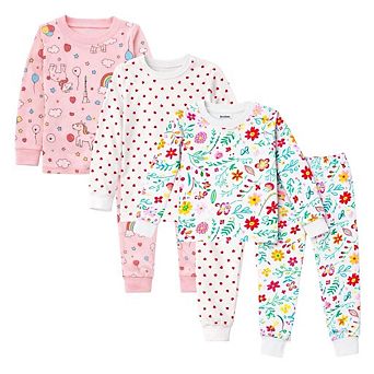 Girls 3-Pack Pajamas Rainbow Flowers Hearts Snug Fit Long Sleeve PJs