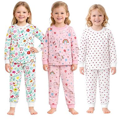 Girls 3-Pack Pajamas Rainbow Flowers Hearts Snug Fit Long Sleeve PJs