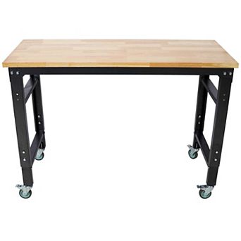 48 in Adjustable Height Workbench with Wheels Heavy Duty Garage Work Table Rubber Wood Top