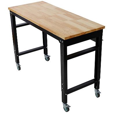 48 in Adjustable Height Workbench with Wheels Heavy Duty Garage Work Table Rubber Wood Top