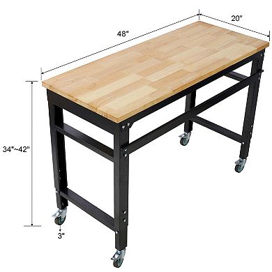 48 in Adjustable Height Workbench with Wheels Heavy Duty Garage Work Table Rubber Wood Top