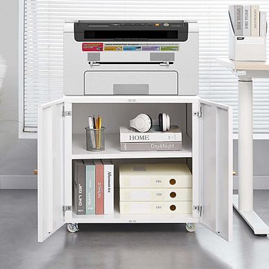 White Metal Mobile Printer Stand with Storage Rolling File Cabinet with Door and Adjustable Shelf