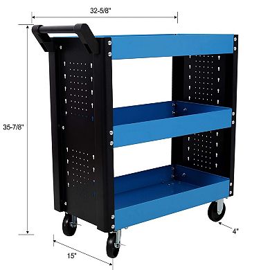 3-Tier Rolling Tool Cart with Pegboard Heavy Duty Utility Cart on Wheels