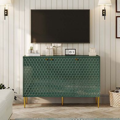 47 in. 3-Door Accent Storage Cabinet Modern Sideboard with Honeycomb Doors Metal Legs