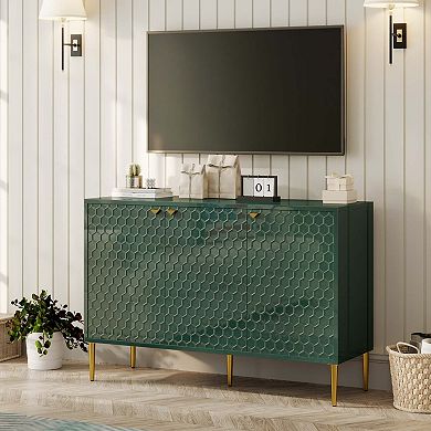 47 in. 3-Door Accent Storage Cabinet Modern Sideboard with Honeycomb Doors Metal Legs
