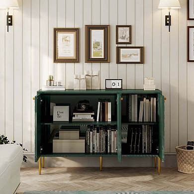 47 in. 3-Door Accent Storage Cabinet Modern Sideboard with Honeycomb Doors Metal Legs