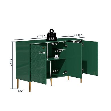 47 in. 3-Door Accent Storage Cabinet Modern Sideboard with Honeycomb Doors Metal Legs