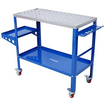 36 in Welding Table Heavy Duty Steel Workbench with 5/8 in Fixture Holes Lockable Wheels Tool Tray